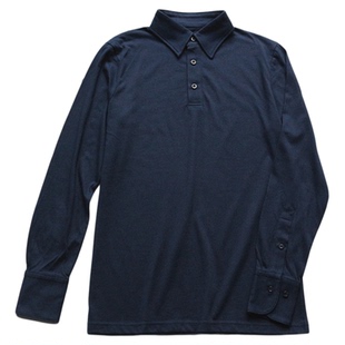 外贸男长袖翻领衬衫纯棉前开扣套头宽松薄款针织棉T恤深蓝打底衫