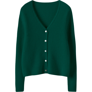 腔调范儿骨感十足！纯羊绒开衫女V领坑条修身短款羊绒毛衣女外套