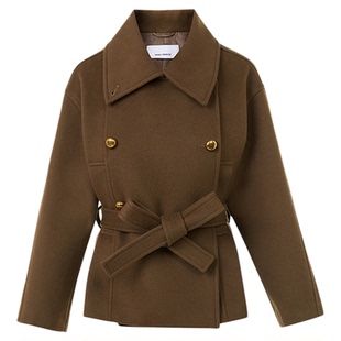 朗姿复古双排扣羊毛短款毛呢外套女士翻领设计感2025年冬季新款