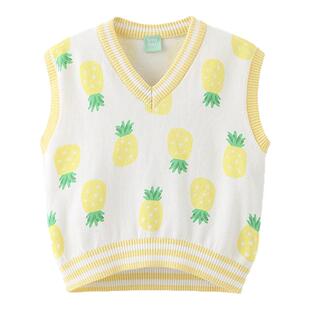 little mori女童可爱针织马甲甜美淑女纯棉V领毛衣背心上衣