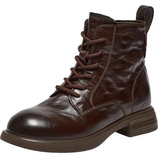 百思图2025冬季商场新款质感牛皮棕色马丁靴六孔女短靴W8268DD5