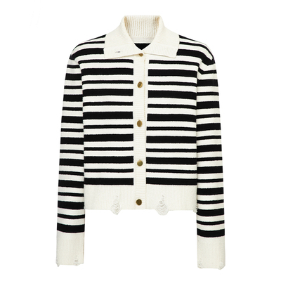 REINEREN任茜设计师款秋冬巴恩风高级感黑白条纹宽松针织开衫