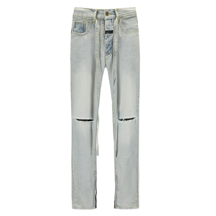 FOG高品质6TH浅蓝色破洞飘带修身小直筒做旧反水洗侧拉链牛仔裤潮