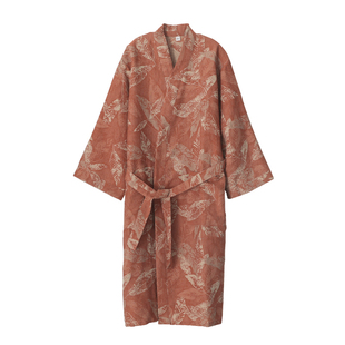 喜庆橙红腰带睡袍女生纯棉纱薄款系绳开衫睡裙一体家居浴袍服古风