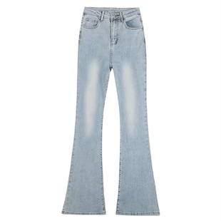 加绒加厚浅蓝色微喇牛仔裤女秋冬大码胖mm高腰遮胯复古弹力喇叭裤