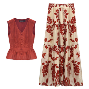 【夏日热恋】小娜椒小个子文艺复古时尚花边上衣印花半身裙套装女