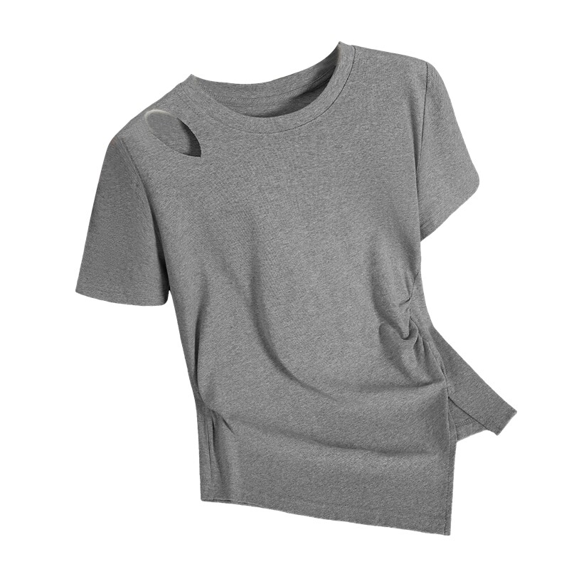 她池时尚圆领镂空不规则短袖T恤