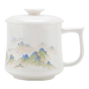 羊脂玉瓷白瓷茶杯带盖防烫个人专用办公室大容量家用马克杯伴手礼