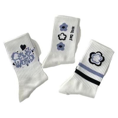 蓝色字母条纹中筒袜子ins可爱学院风韩式潮流外穿运动中筒袜子