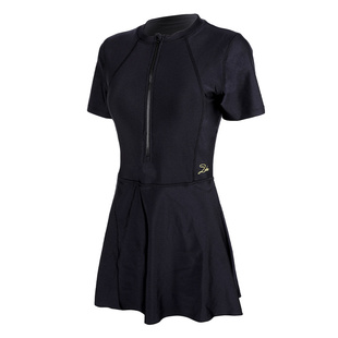 洲克泳衣女款温泉海边休闲度假短袖黑色泳衣新款连体游泳衣女裙摆