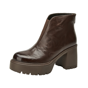 MILLIE'S/妙丽粗跟厚底短筒靴女款2026秋冬新款真皮时尚烟筒靴