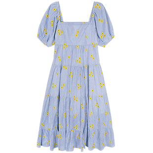 落落狷介今年流行的漂亮裙子刺绣方领蓝色小个子连衣裙设计感收腰