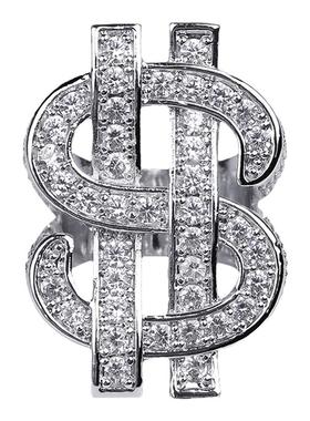 潮牌欧美霸气美元$戒指 镶锆石男个性嘻哈街头朋克hiphop蹦迪潮人