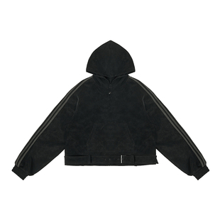 JHYQ净化眼球美式工装PU皮卫衣男连帽套头复古潮牌上衣条纹外套男