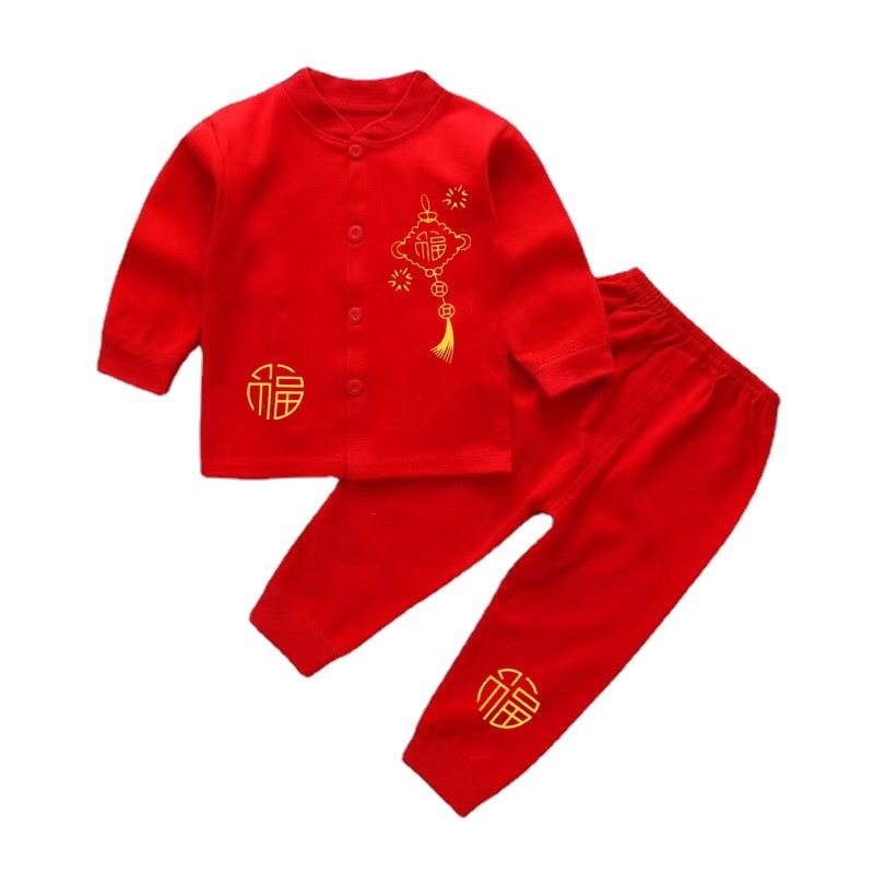 A类纯棉婴儿宝宝红色衣服套装秋