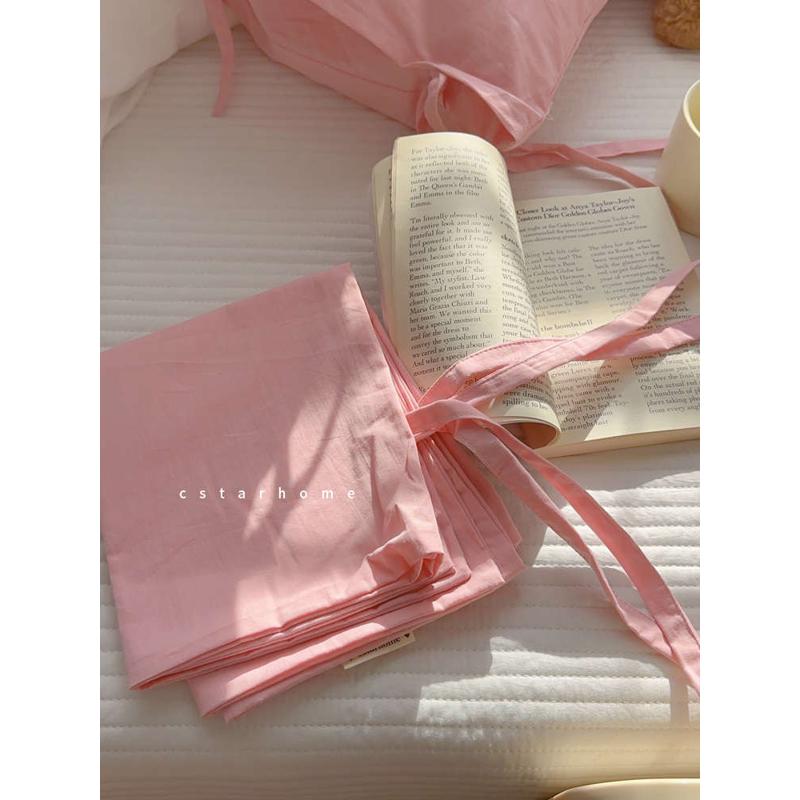 少女的枕套！绑带款粉色纯色斜纹全棉单人枕头套皮48*74cm一对拍2