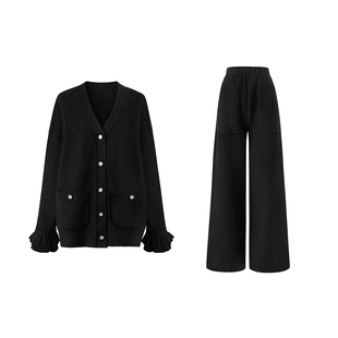 SUK 纱织艺术!90羊毛V领罗纹花边开衫外套高腰阔腿裤针织套装女