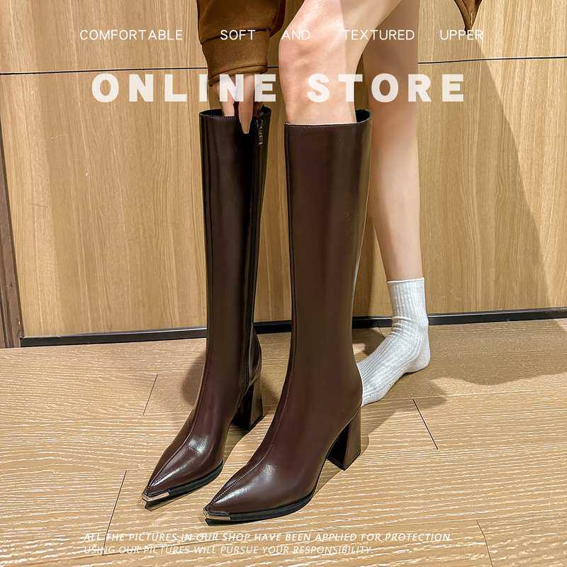 真皮巨好看法式绝美高跟长筒靴女2025秋冬新款尖头粗跟高筒时装靴