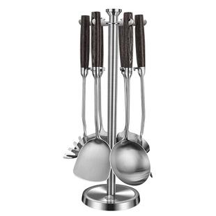 无漆无蜡实木黑彩木304不锈钢防滑卡位锅铲厨具套装全套带收纳架