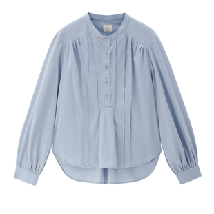 佐丹奴2026年春新款纯棉府绸通勤压褶立领长袖休闲衬衫女05345102