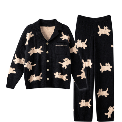 猫人秋冬款男士半边绒睡衣套装