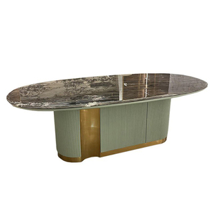 意式轻奢大理石餐桌别墅设计师椭圆形创意大餐桌现代金属底座饭桌