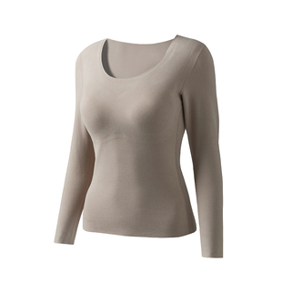 女士无痕德绒保暖内衣带胸垫套装加绒加厚秋衣发热打底衫秋冬上衣