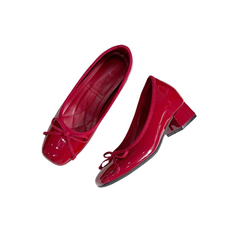 真皮版~红色高跟鞋内增高浅口单鞋女2025新款蝴蝶结小个子芭蕾鞋