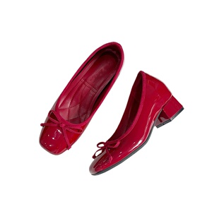 真皮版~红色高跟鞋内增高浅口单鞋女2025新款蝴蝶结小个子芭蕾鞋