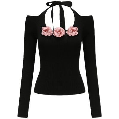 Shiitake三朵玫瑰挂脖长袖针织