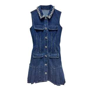 miu里miu气穿搭牛仔蓝色翻领无袖复古百褶裙摆连衣裙新款女装衣服