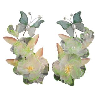 古风百搭簪花发夹绿色绢纱烫花绢花发饰唐风对夹配饰花朵汉服头饰