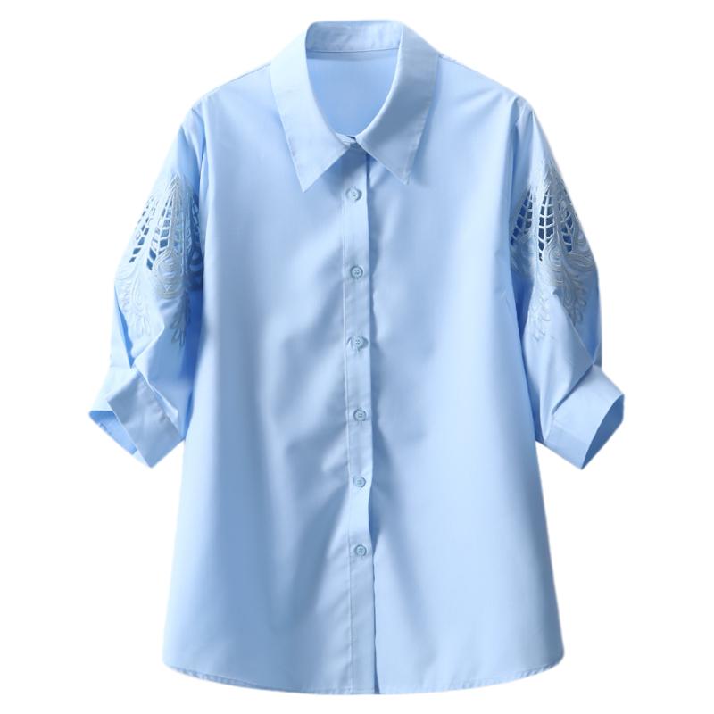 Basic House/百家好2026秋季蓝色POLO领短袖短款休闲女装日常衬衫