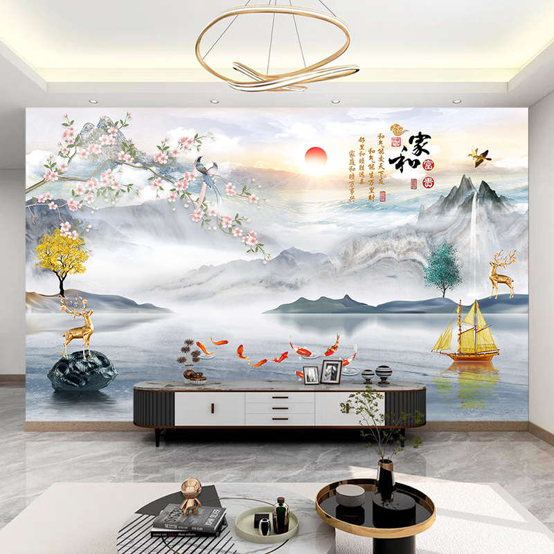 新款电视背景墙壁布3D立体壁画中式水墨壁纸客厅大气影视墙8D墙布
