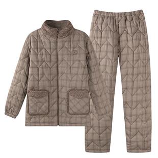 睡衣男士冬季珊瑚绒三层加厚加绒羽绒布夹棉男式秋冬款棉服家居服