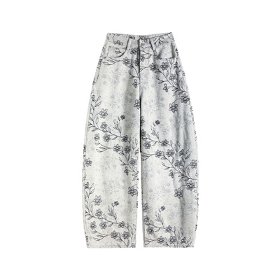 新中式提花烫钻高腰阔腿牛仔裤女