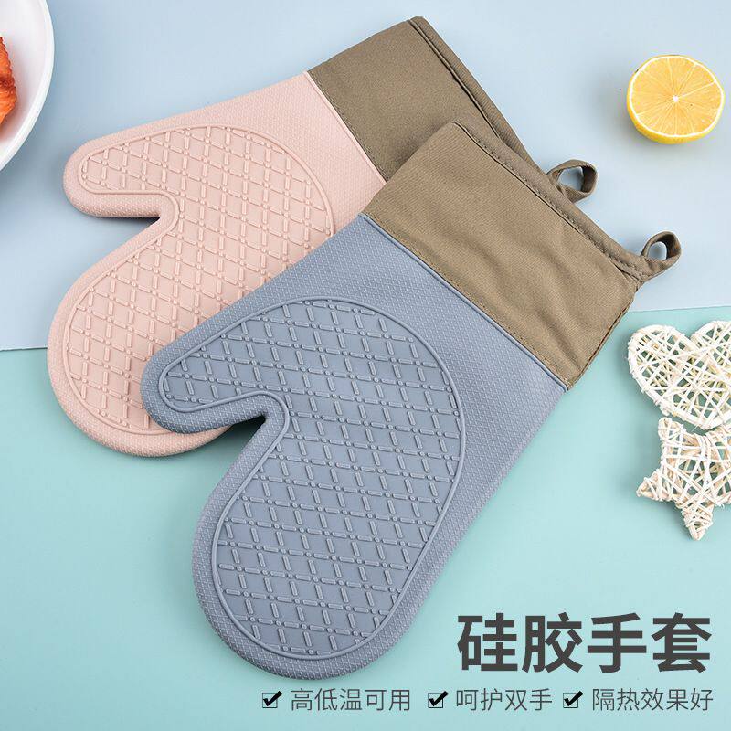 亚马逊短款硅胶隔热手套加耐高温手夹棉布加厚烤箱防烫手套微波炉