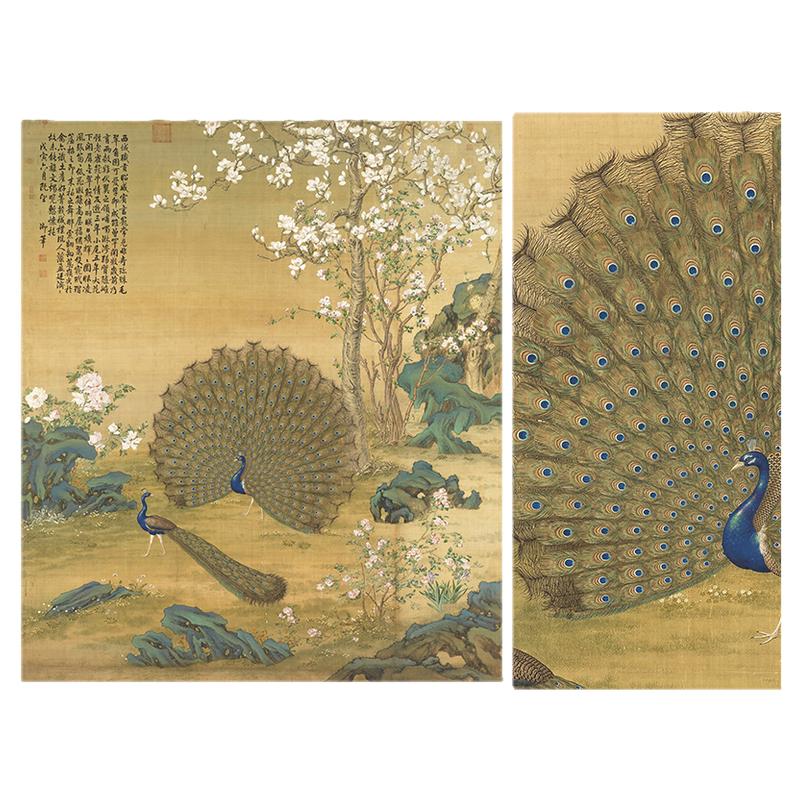 郎世宁孔雀开屏图高清微喷绘复制花鸟学习临摹客厅绢布装饰挂轴画