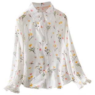 纯棉印花衬衫女2026春装新款轻薄印花百搭清新气质简洁时尚衬衣