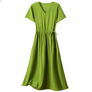 2025高端新款棉绸连衣裙可外穿女夏气质修身中长款人造棉纯色裙子