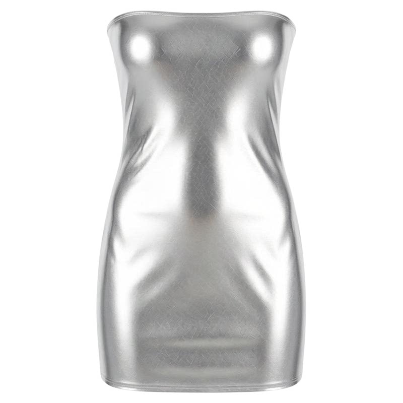 纯色亮皮性感抹胸包臀连衣裙Solid glossy leather bandeau dress