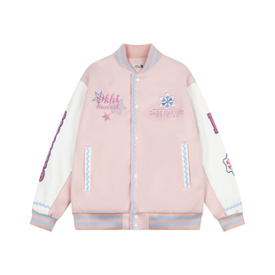 Amoeba美式复古撞色字母雪花刺绣棒球服外套女情侣宽松夹棉夹克