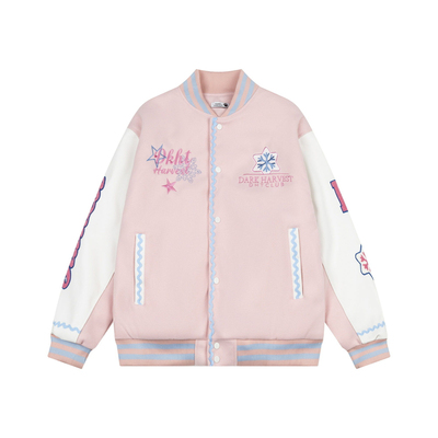 美式复古撞色雪花刺绣棒球服外套