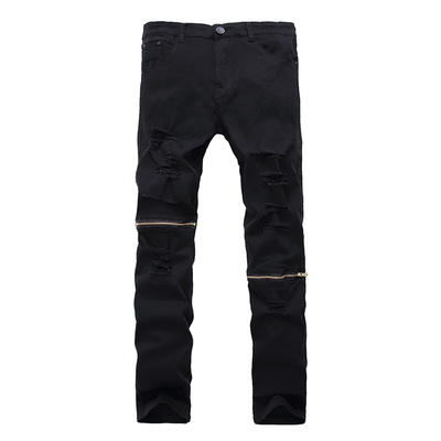 破洞欧美潮流男士膝盖拉链牛仔裤