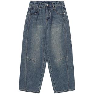 热风女士牛仔裤宽松长裤2026年春款九分廓复古男友风宽松直筒长裤