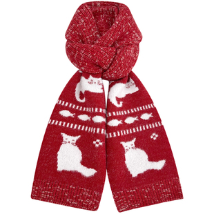 2025新款新年礼物红色针织围巾女生冬季可爱猫咪保暖围脖学生百搭