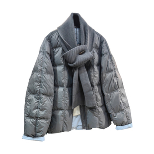 超好看带围巾方格无领羽绒服女2025冬季新款时尚洋气保暖外套