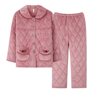 睡衣冬季女士珊瑚绒三层夹棉加厚加绒中老年加大码保暖家居服套装