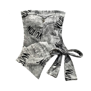 设计感辣妹带胸垫抹胸背心女装夏季迷彩印花复古裹胸外穿短款上衣