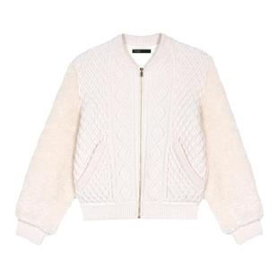 Maje Outlets秋冬女装白色拉链棒球领环保皮草针织拼接短款外套